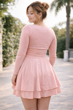 Square Neck Long Sleeve Ruffle Hem Mini Dress