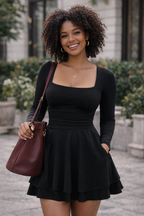 Square Neck Long Sleeve Ruffle Hem Mini Dress