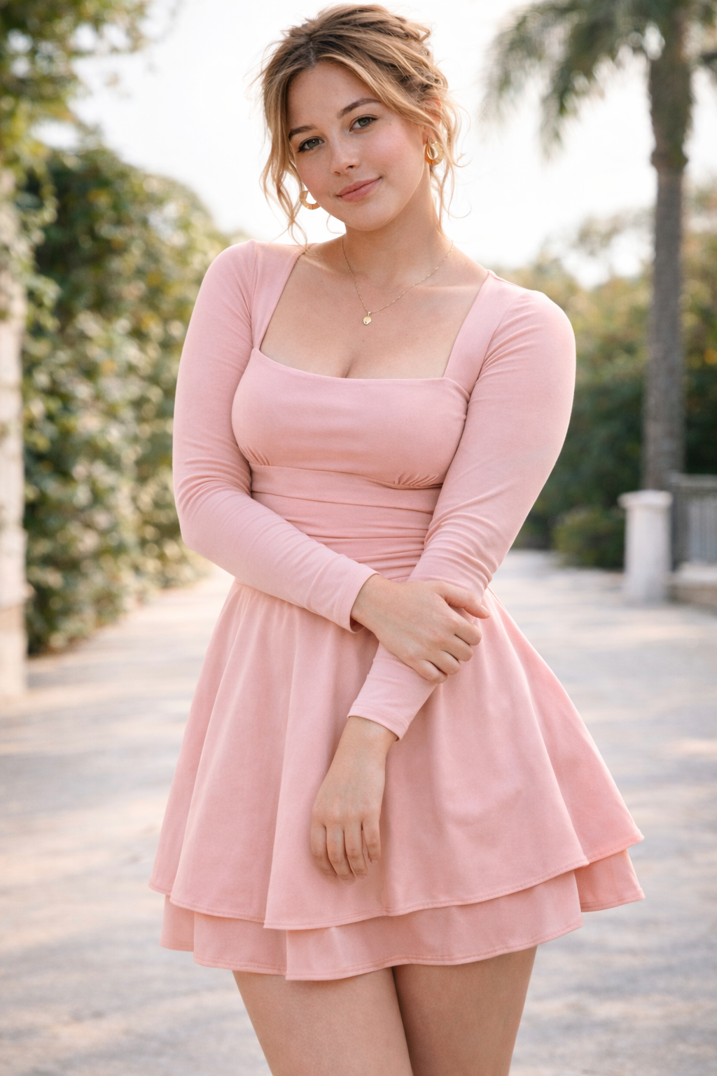 Square Neck Long Sleeve Ruffle Hem Mini Dress